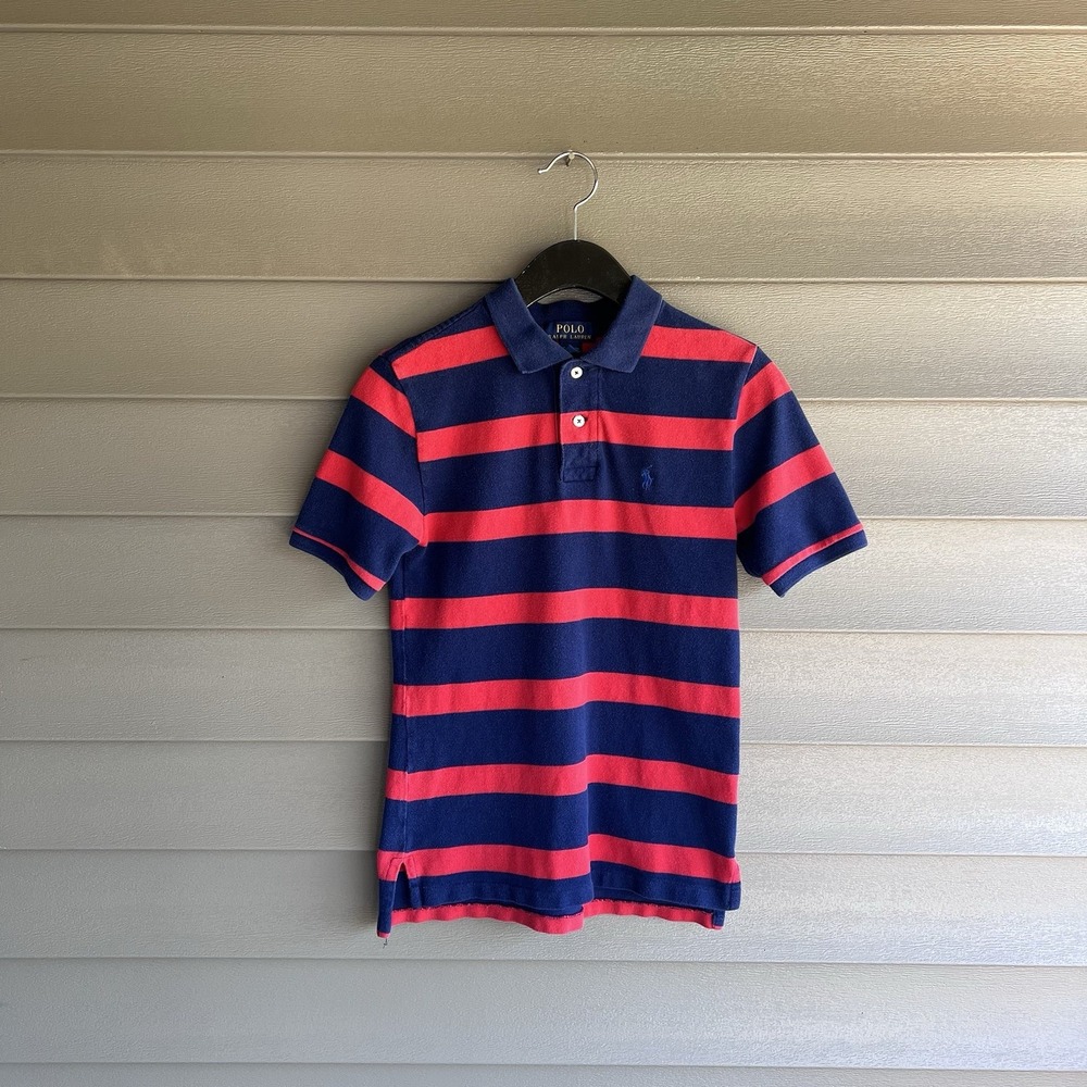 Polo Ralph Lauren Boys M 10-12 Navy Blue Red Striped Polo Shirt Cotton